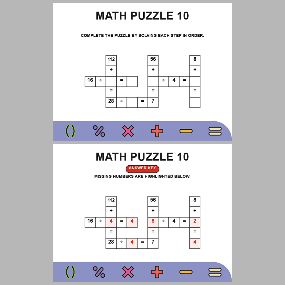 Math Puzzle Division 10 Puzzle Pages + 10 Answer Key Pages (Vol. 5)