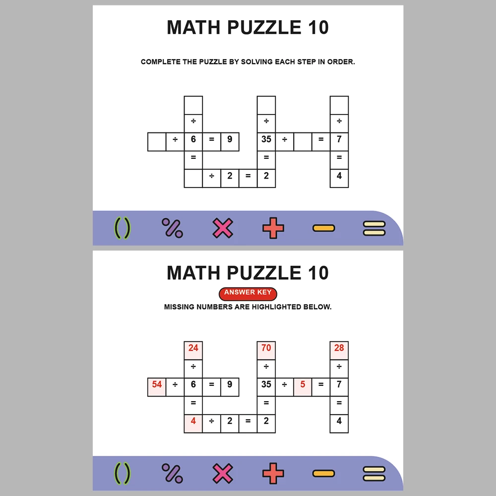 Math Puzzle Division 10 Puzzle Pages + 10 Answer Key Pages (Vol. 8)