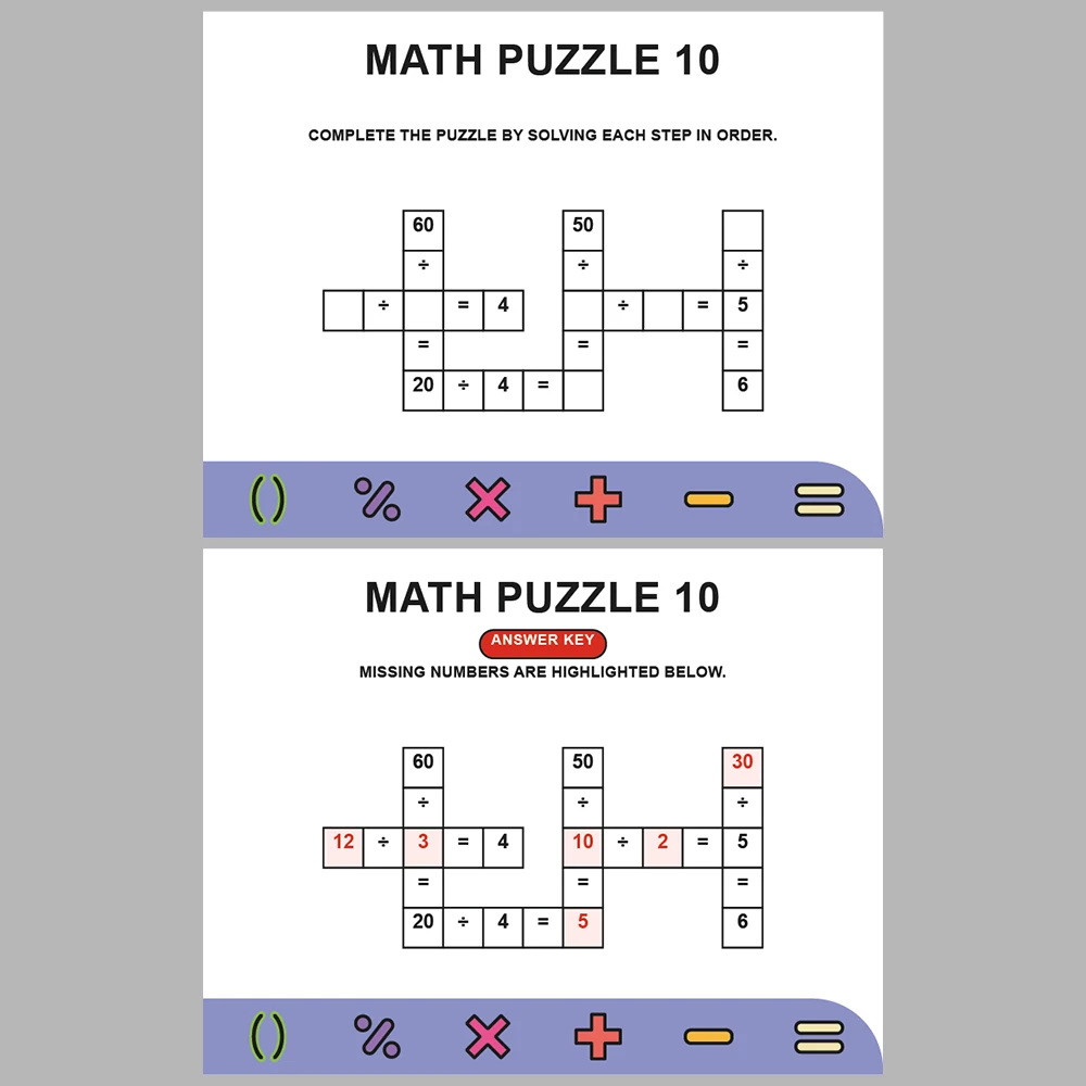 Math Puzzle Division 10 Puzzle Pages + 10 Answer Key Pages (Vol. 6)