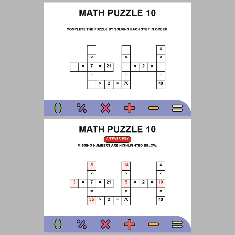 Math Puzzle Multiplication 10 Puzzle Pages + 10 Answer Key Pages (Vol. 8)