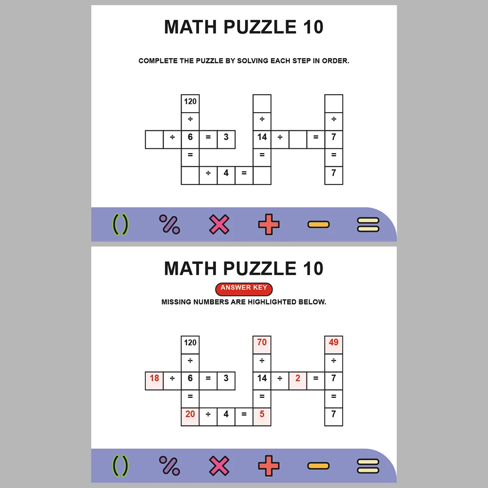 Math Puzzle Division 10 Puzzle Pages + 10 Answer Key Pages (Vol. 7)
