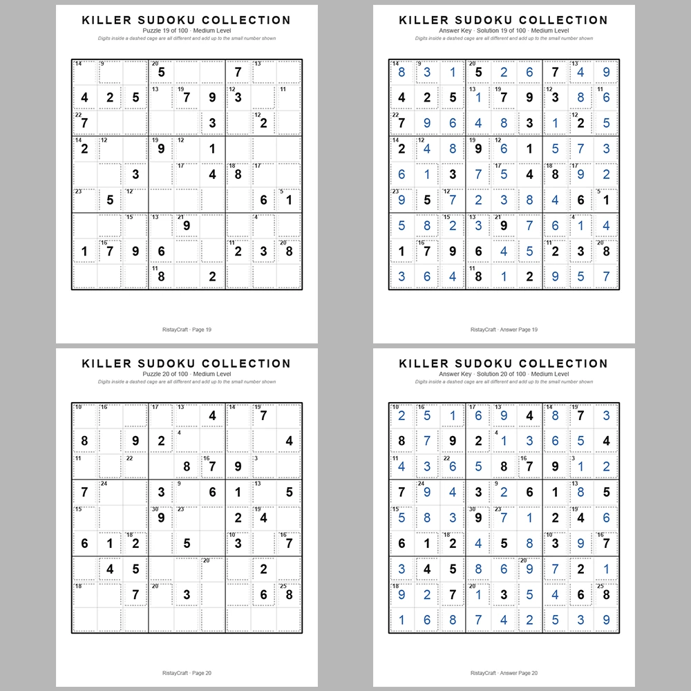 Sudoku Puzzle Killer Sudoku 100 Puzzle Pages + 100 Answer Key Pages