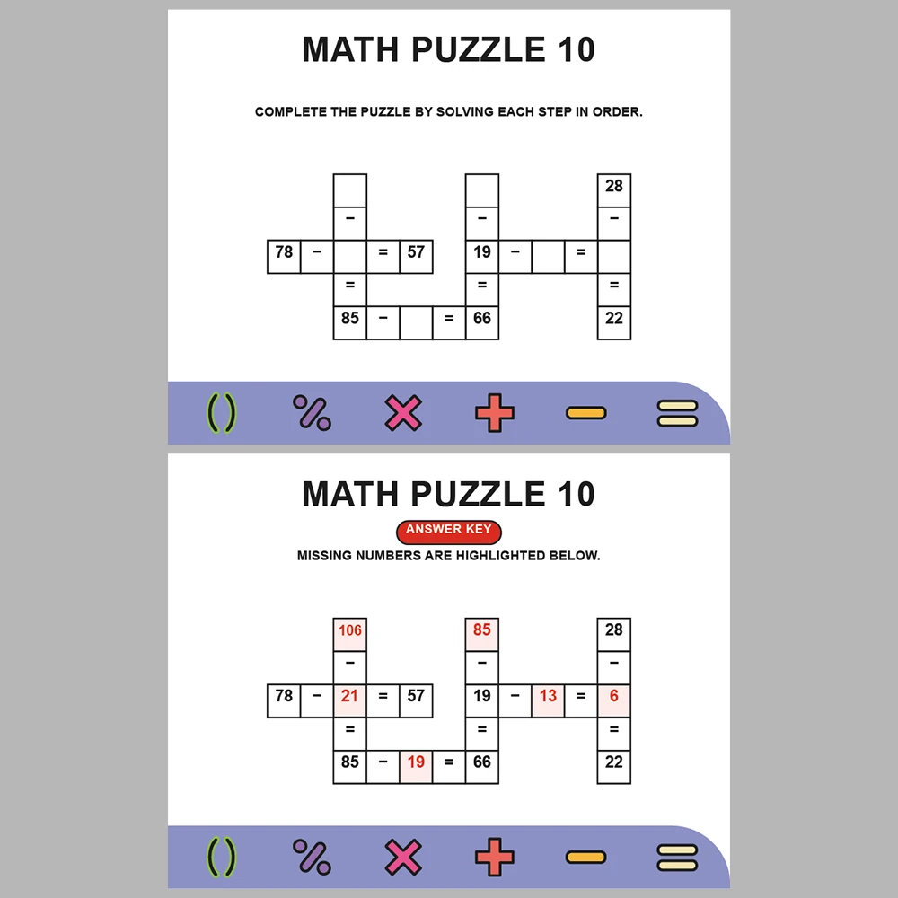 Math Puzzle Subtraction 10 Puzzle Pages + 10 Answer Key Pages (Vol. 1)