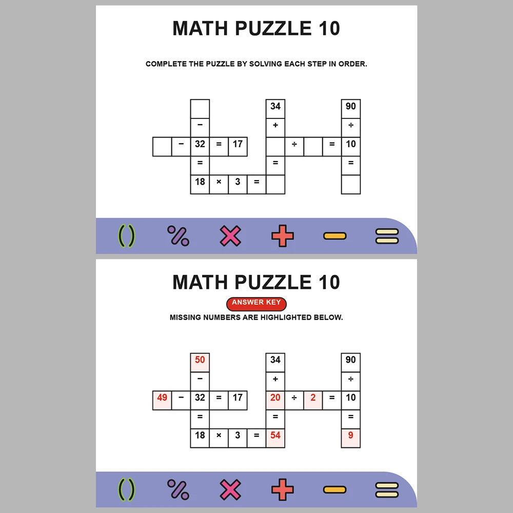 Math Puzzle Four Operations 10 Puzzle Pages + 10 Answer Key Pages (Vol. 5)