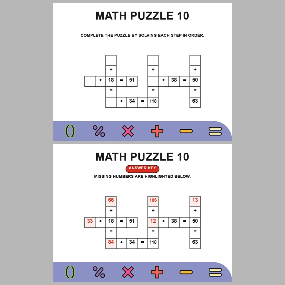 Math Puzzle Addition 10 Puzzle Pages + 10 Answer Key Pages (Vol. 7)