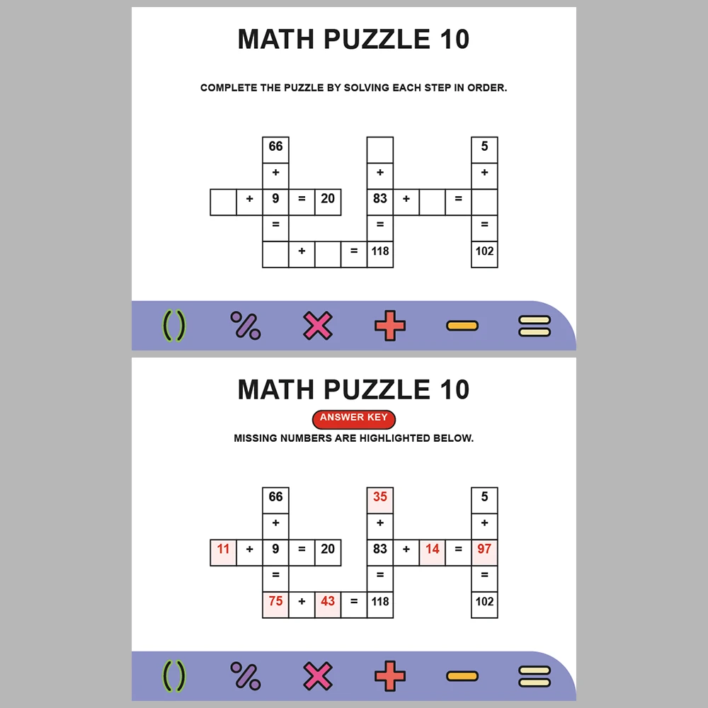 Math Puzzle Addition 10 Puzzle Pages + 10 Answer Key Pages (Vol. 9)