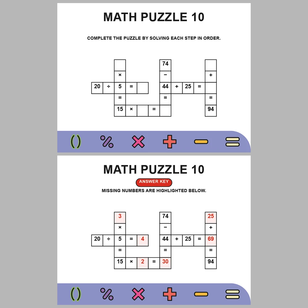 Math Puzzle Four Operations 10 Puzzle Pages + 10 Answer Key Pages (Vol. 12)