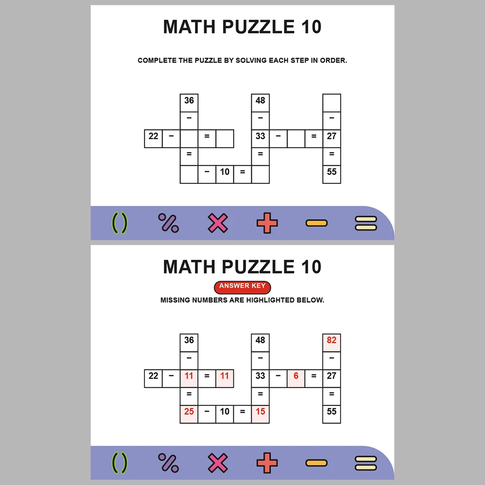 Math Puzzle Subtraction 10 Puzzle Pages + 10 Answer Key Pages (Vol. 6)