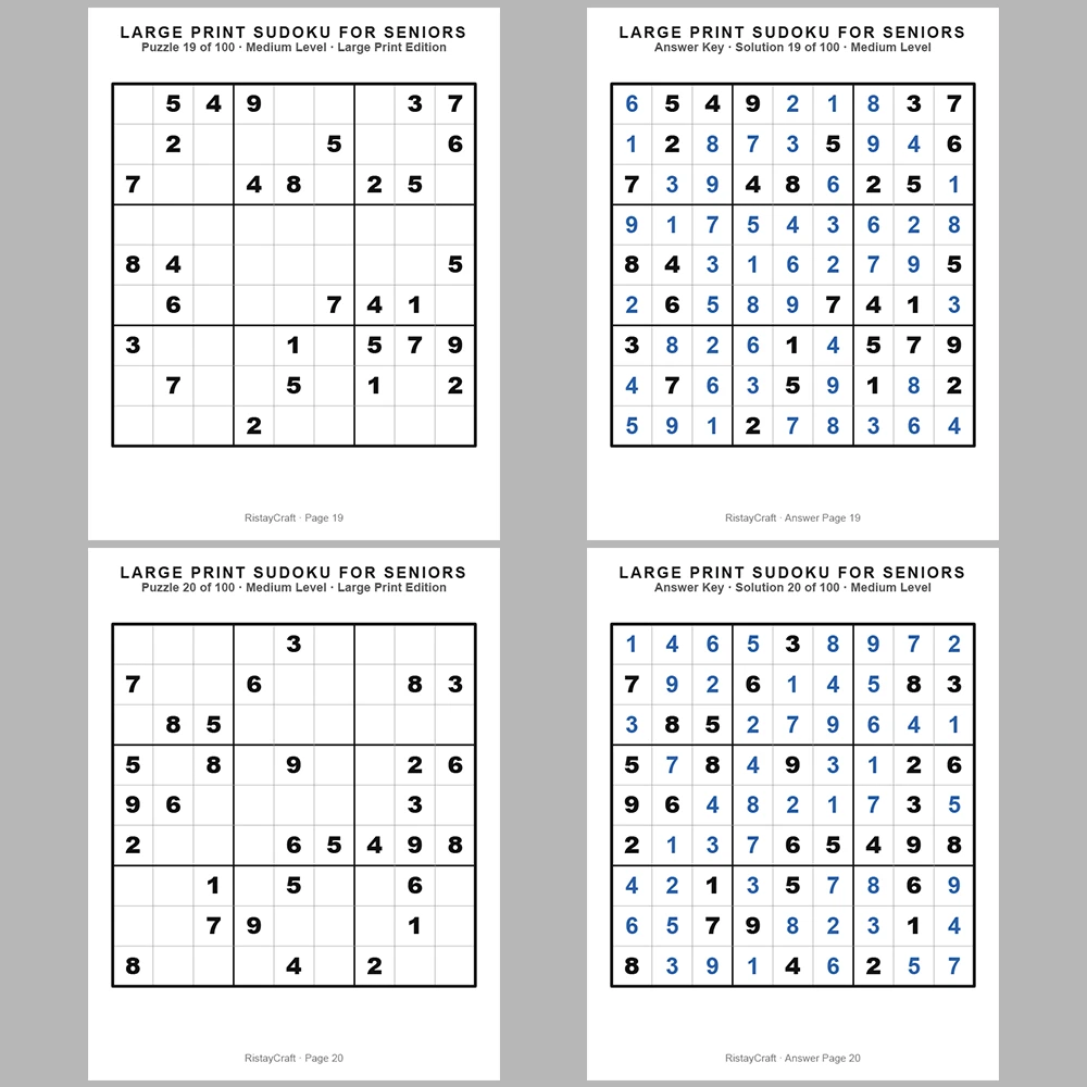 Sudoku Puzzle Senior – Medium 100 Puzzle Pages + 100 Answer Key Pages