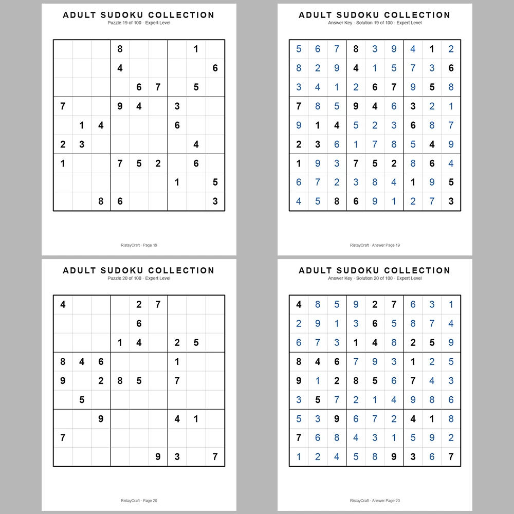 Sudoku Puzzle Adult Expert 100 Puzzle Pages + 100 Answer Key Pages