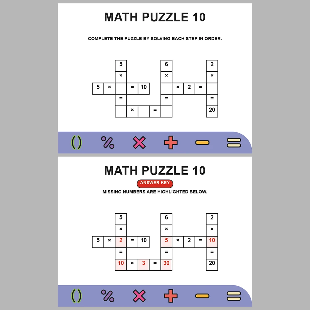 Math Puzzle Multiplication 10 Puzzle Pages + 10 Answer Key Pages (Vol. 6)