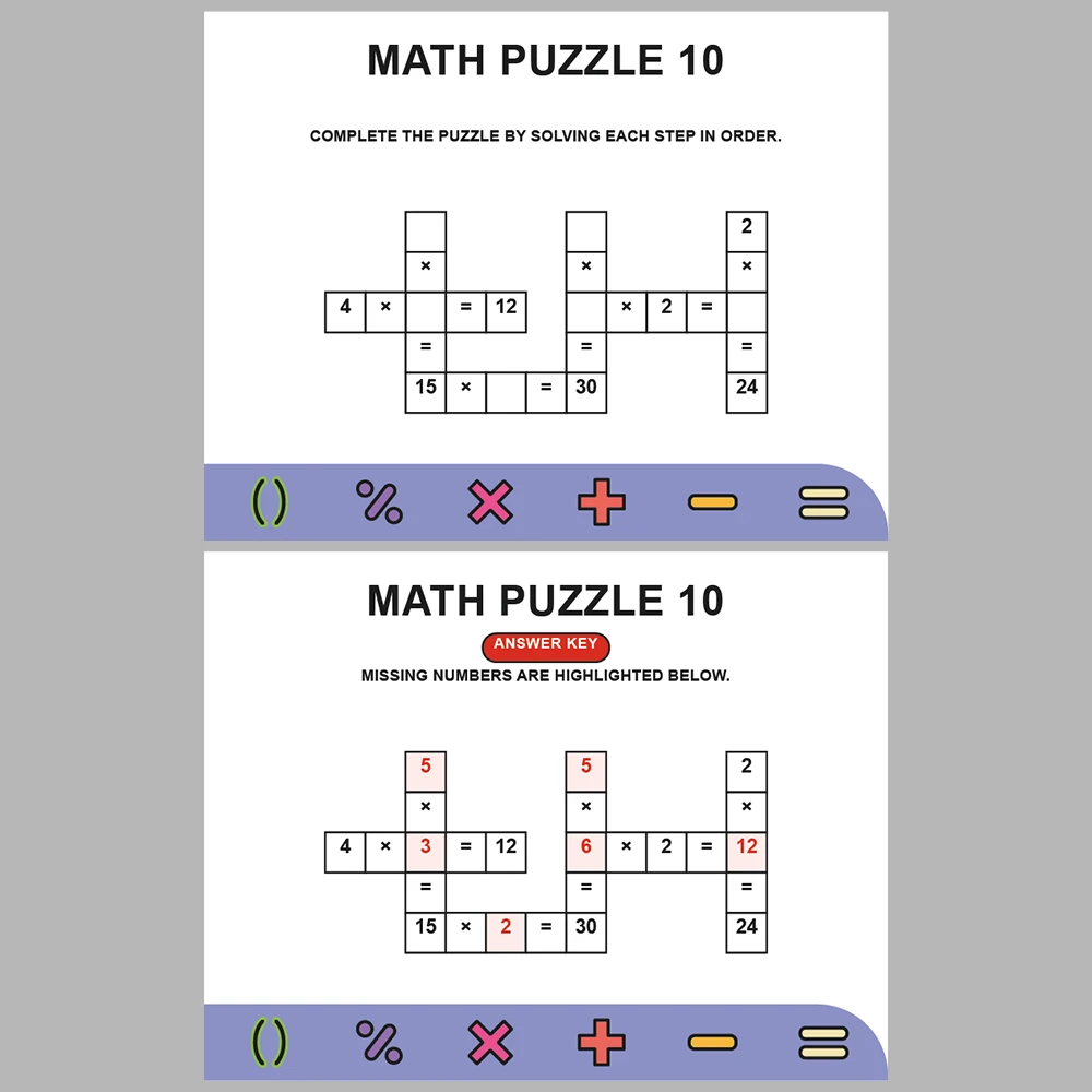 Math Puzzle Multiplication 10 Puzzle Pages + 10 Answer Key Pages (Vol. 3)