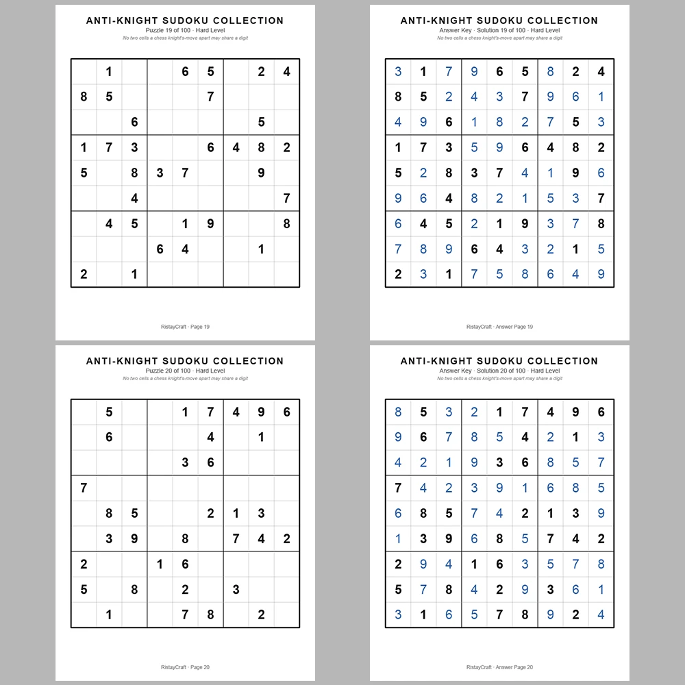 Sudoku Puzzle Anti-knight Sudoku 100 Puzzle Pages + 100 Answer Key Pages