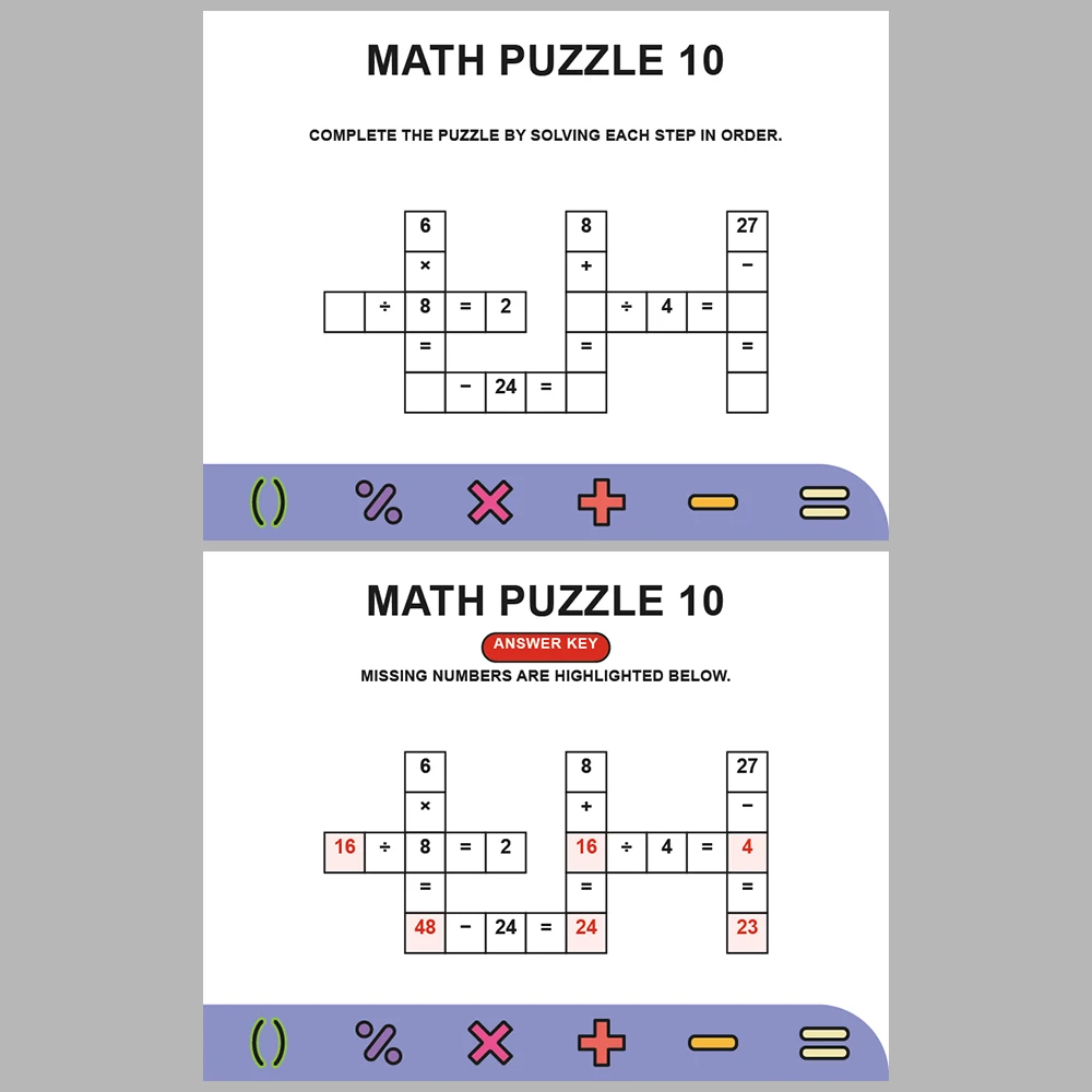 Math Puzzle Four Operations 10 Puzzle Pages + 10 Answer Key Pages (Vol. 17)