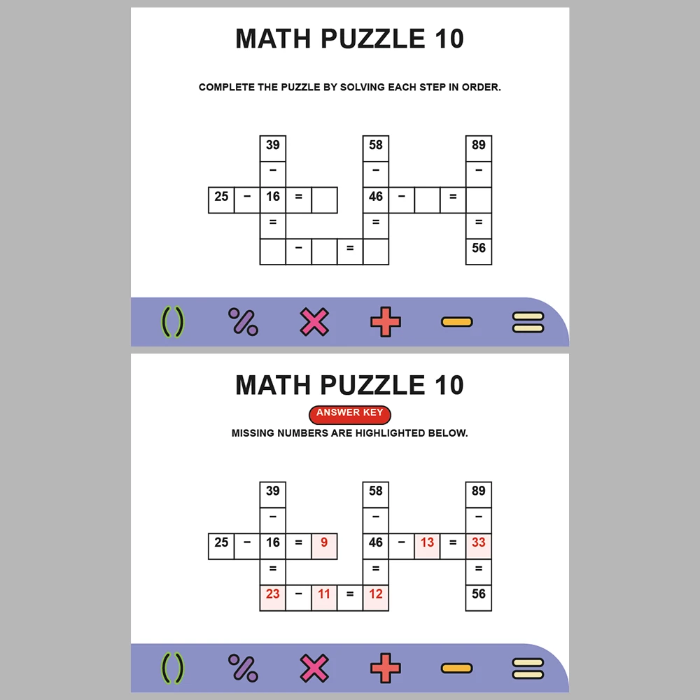 Math Puzzle Subtraction 10 Puzzle Pages + 10 Answer Key Pages (Vol. 3)