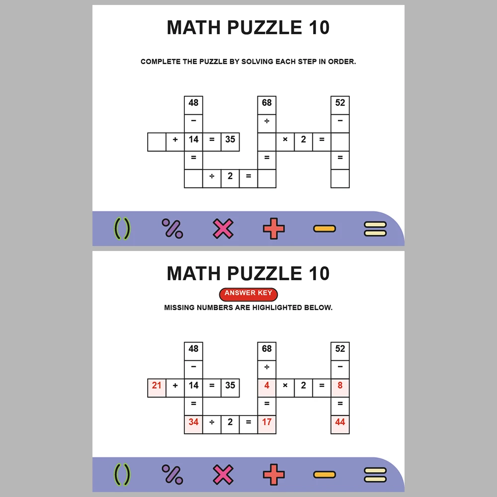 Math Puzzle Four Operations 10 Puzzle Pages + 10 Answer Key Pages (Vol. 10)