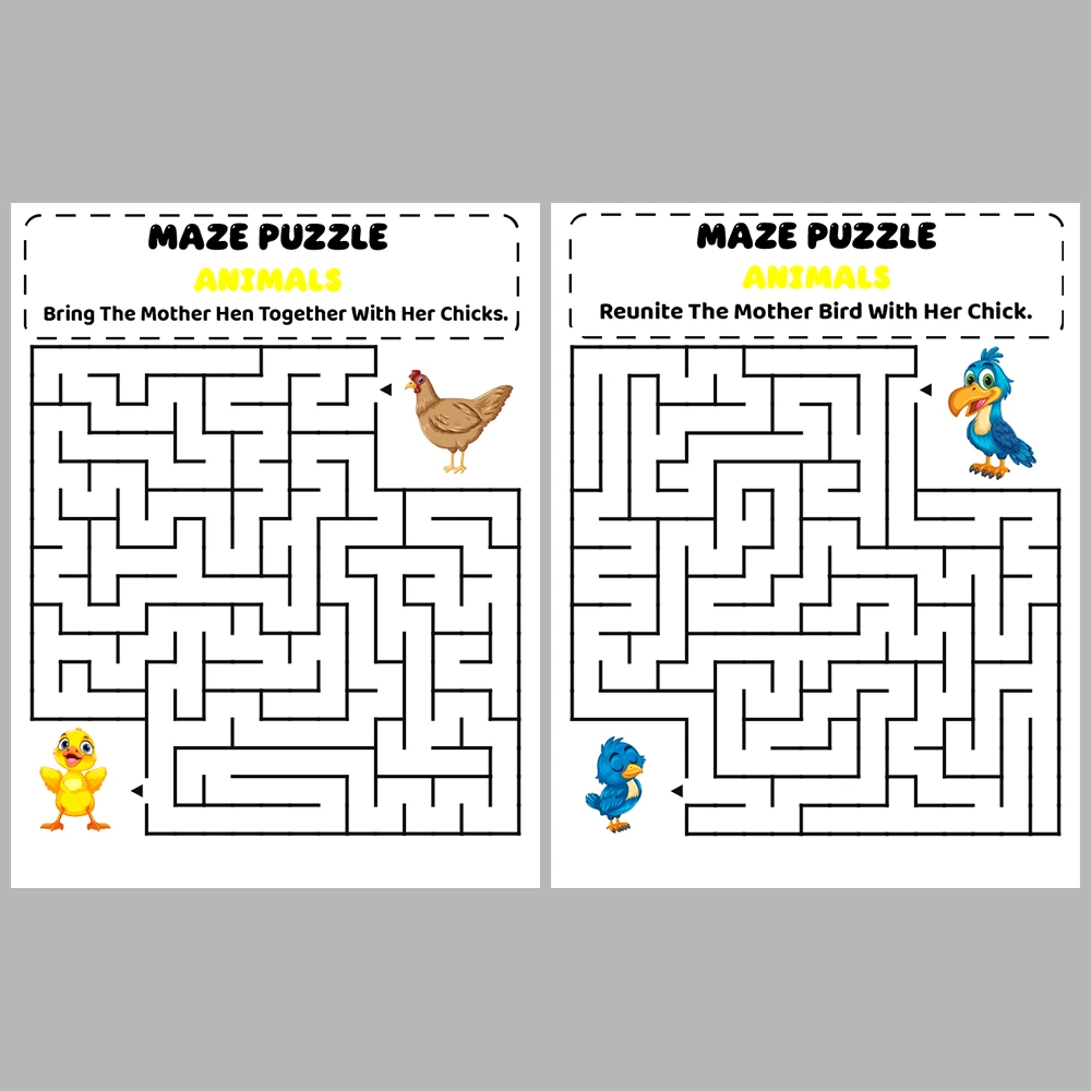 Mother and Baby Animal Kids Maze Puzzle 10 Pages of Puzzles