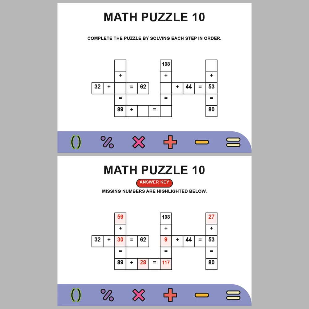 Math Puzzle Addition 10 Puzzle Pages + 10 Answer Key Pages (Vol. 6)