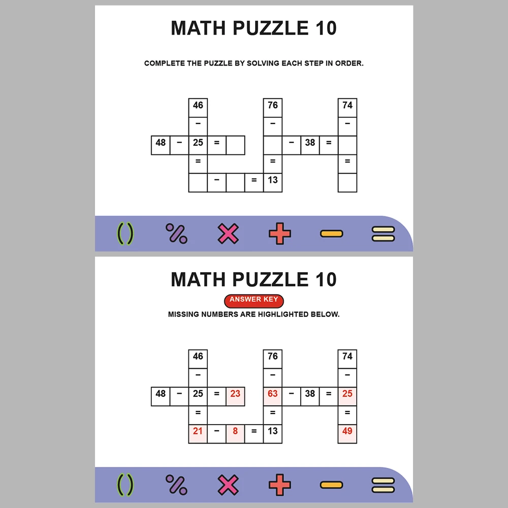 Math Puzzle Subtraction 10 Puzzle Pages + 10 Answer Key Pages (Vol. 5)