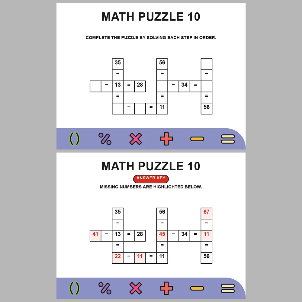 Math Puzzle Subtraction 10 Puzzle Pages + 10 Answer Key Pages (Vol. 7)