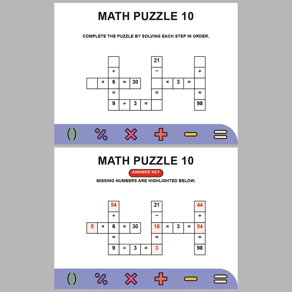 Math Puzzle Four Operations 10 Puzzle Pages + 10 Answer Key Pages (Vol. 11)