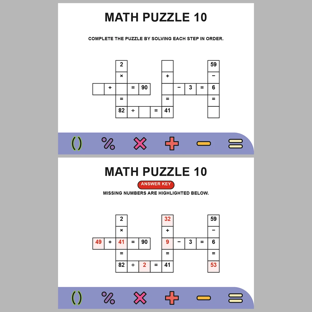 Math Puzzle Four Operations 10 Puzzle Pages + 10 Answer Key Pages (Vol. 14)