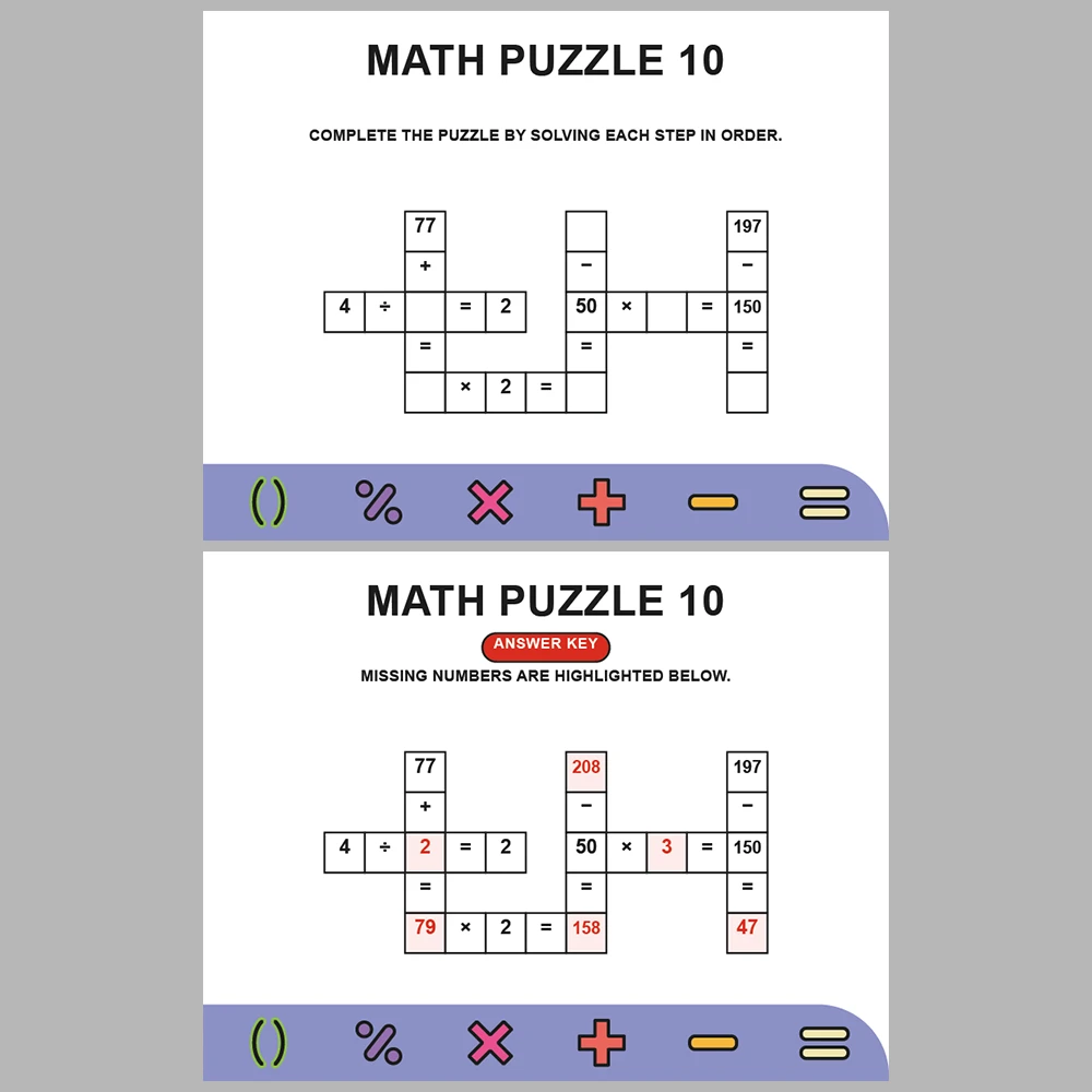Math Puzzle Four Operations 10 Puzzle Pages + 10 Answer Key Pages (Vol. 20)