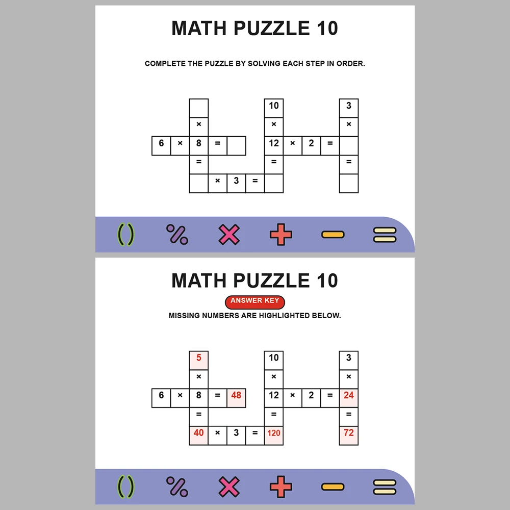 Math Puzzle Multiplication 10 Puzzle Pages + 10 Answer Key Pages (Vol. 5)