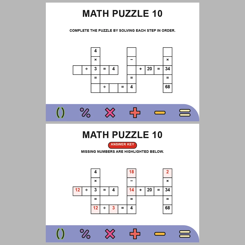 Math Puzzle Four Operations 10 Puzzle Pages + 10 Answer Key Pages (Vol. 2)