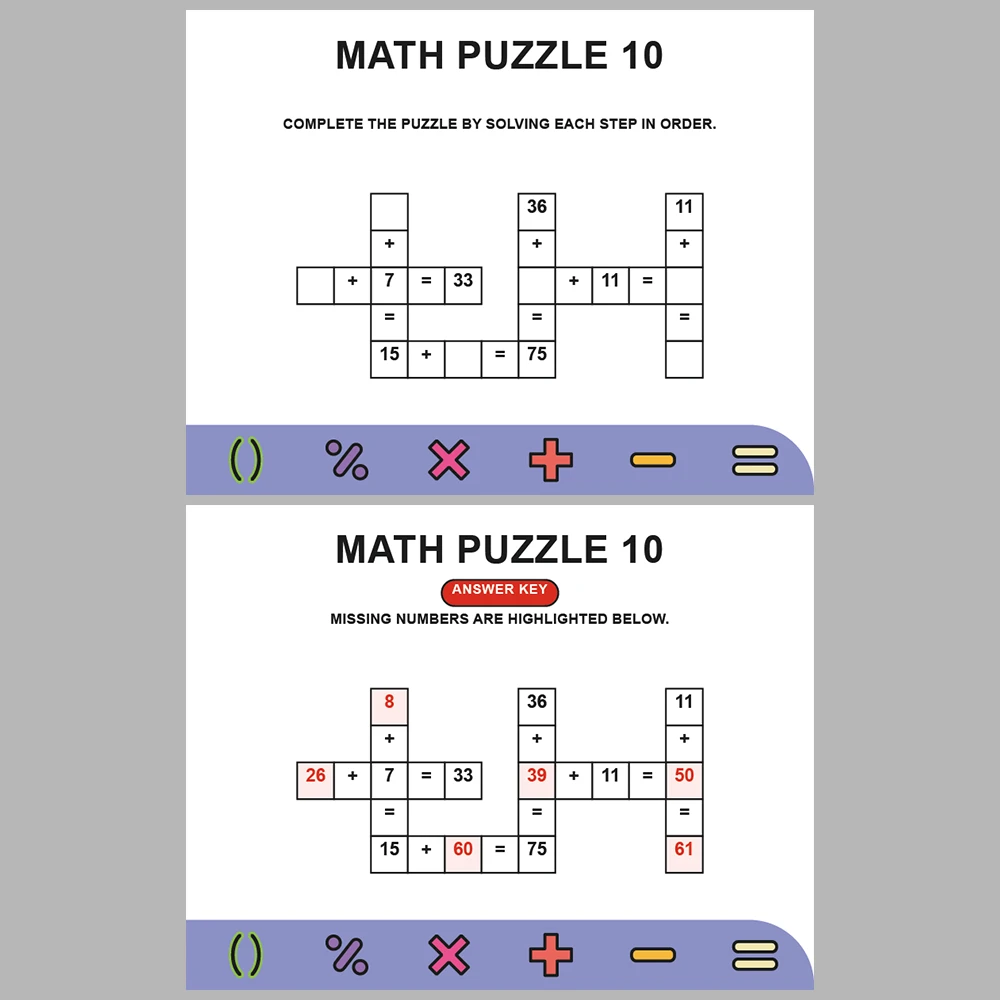 Math Puzzle Addition 10 Puzzle Pages + 10 Answer Key Pages (Vol. 4)
