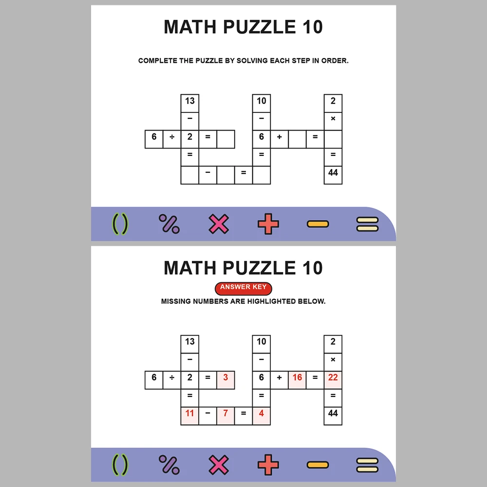 Math Puzzle Four Operations 10 Puzzle Pages + 10 Answer Key Pages (Vol. 1)