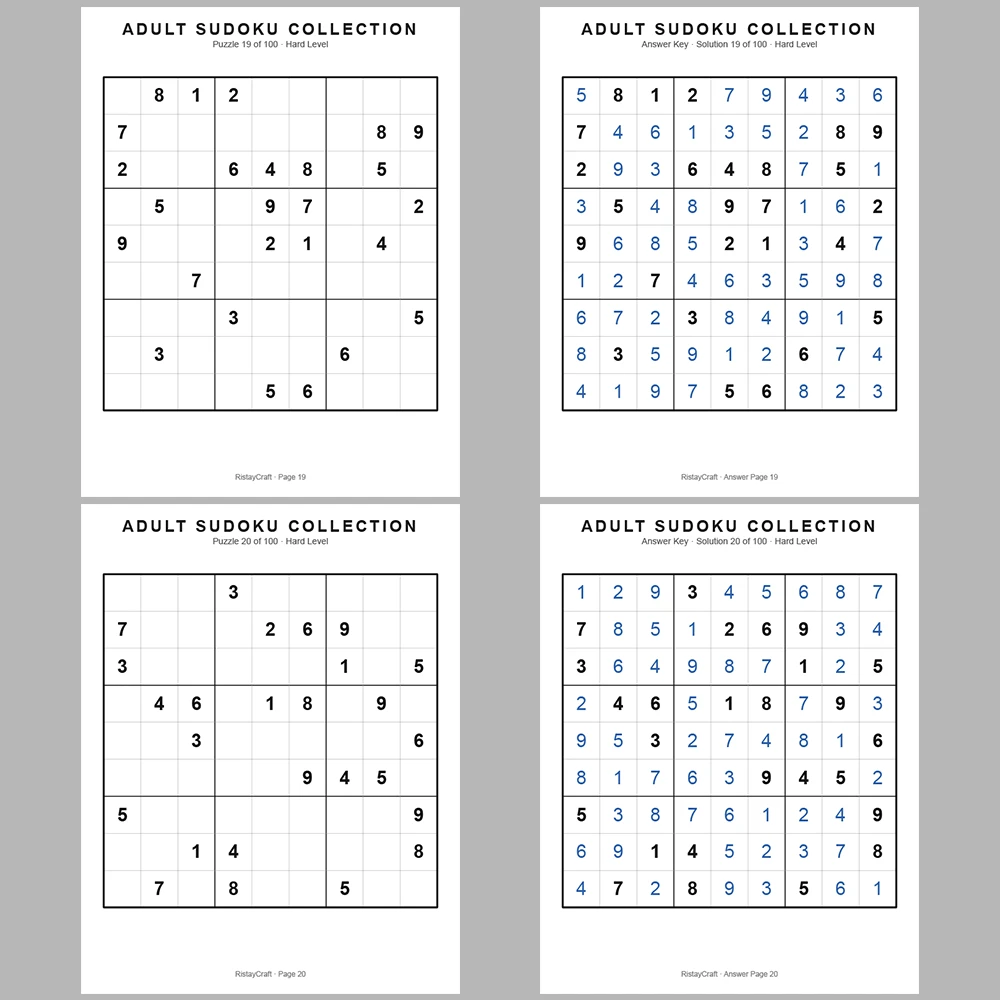 Sudoku Puzzle Adult Hard 100 Puzzle Pages + 100 Answer Key Pages