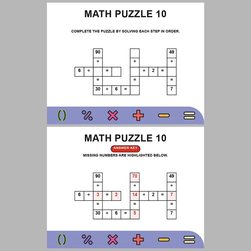 Math Puzzle Division 10 Puzzle Pages + 10 Answer Key Pages (Vol. 9)