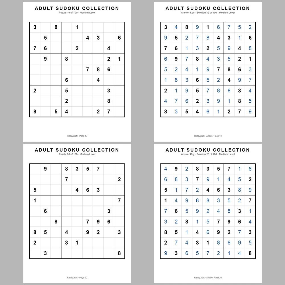 Sudoku Puzzle Adult Medium 100 Puzzle Pages + 100 Answer Key Pages
