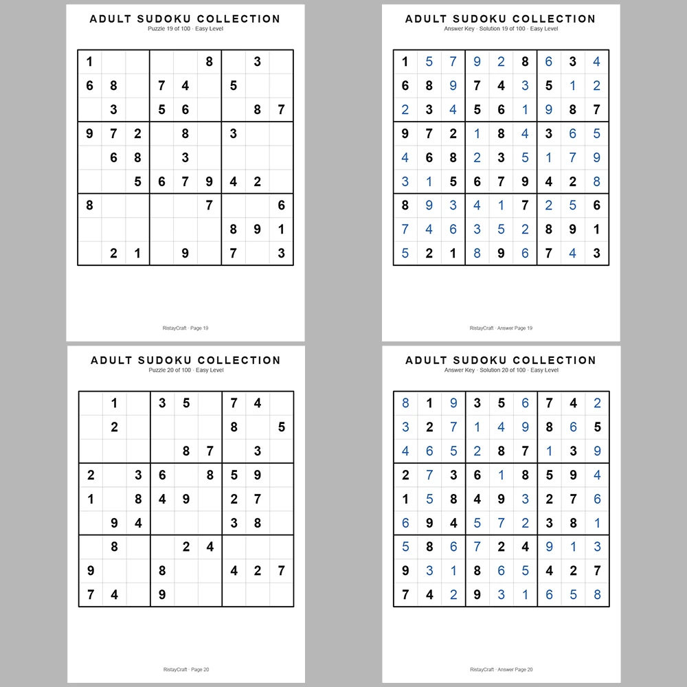 Sudoku Puzzle Adult Easy 100 Puzzle Pages + 100 Answer Key Pages