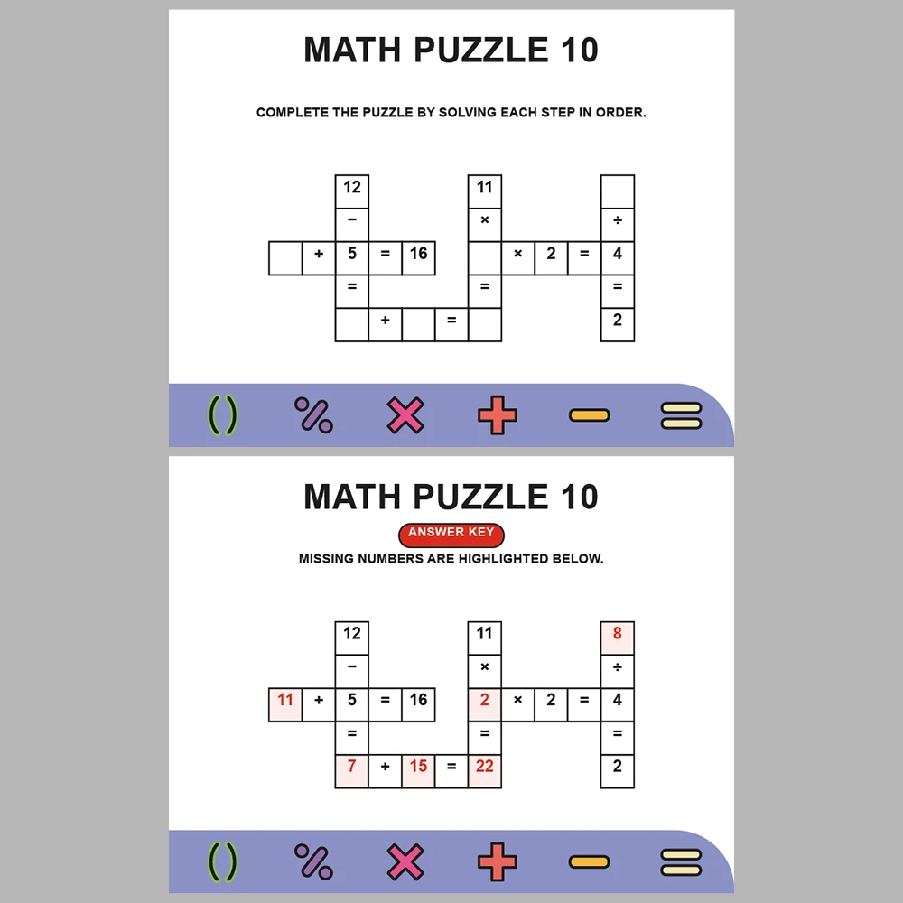 Math Puzzle Four Operations 10 Puzzle Pages + 10 Answer Key Pages (Vol. 4)