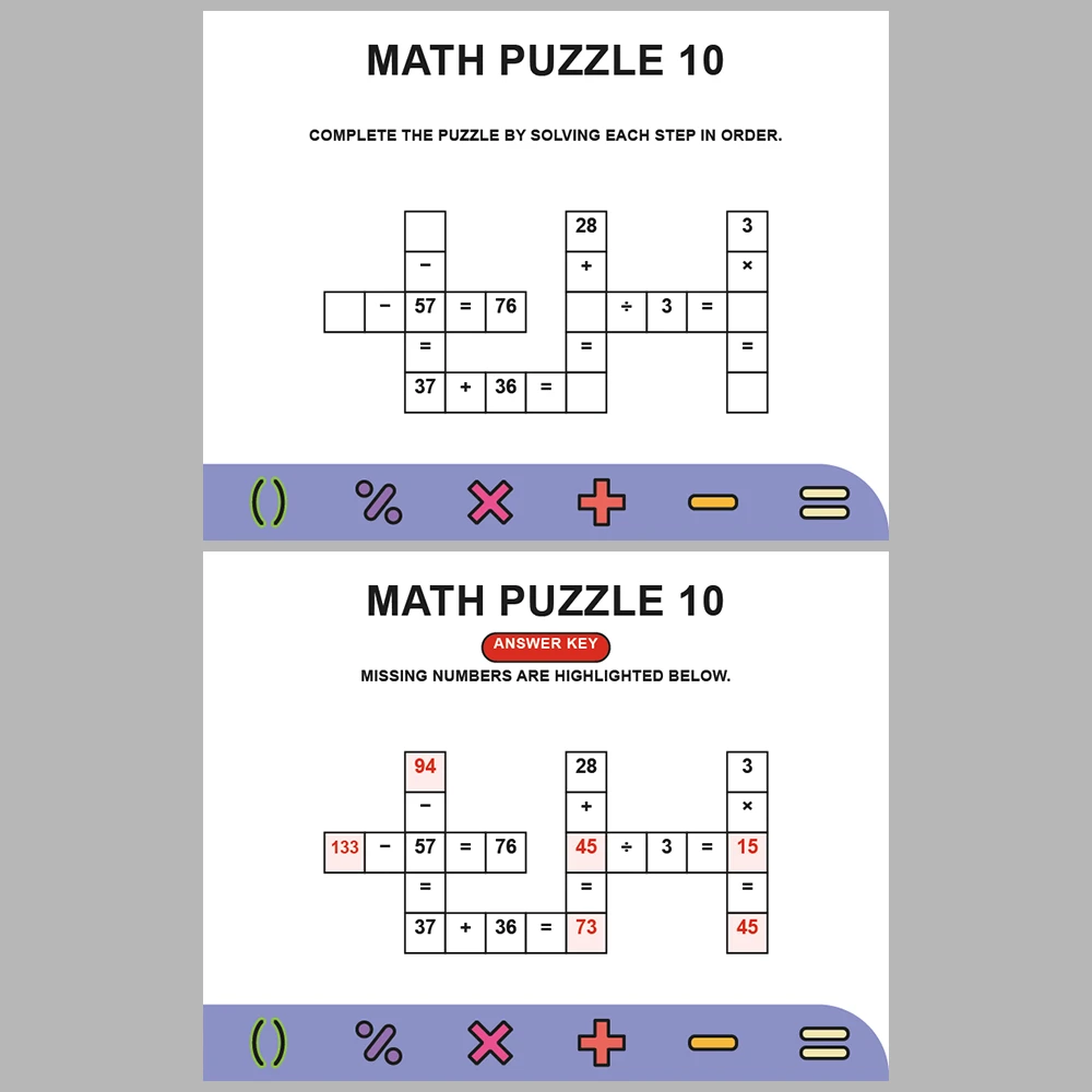 Math Puzzle Four Operations 10 Puzzle Pages + 10 Answer Key Pages (Vol. 18)