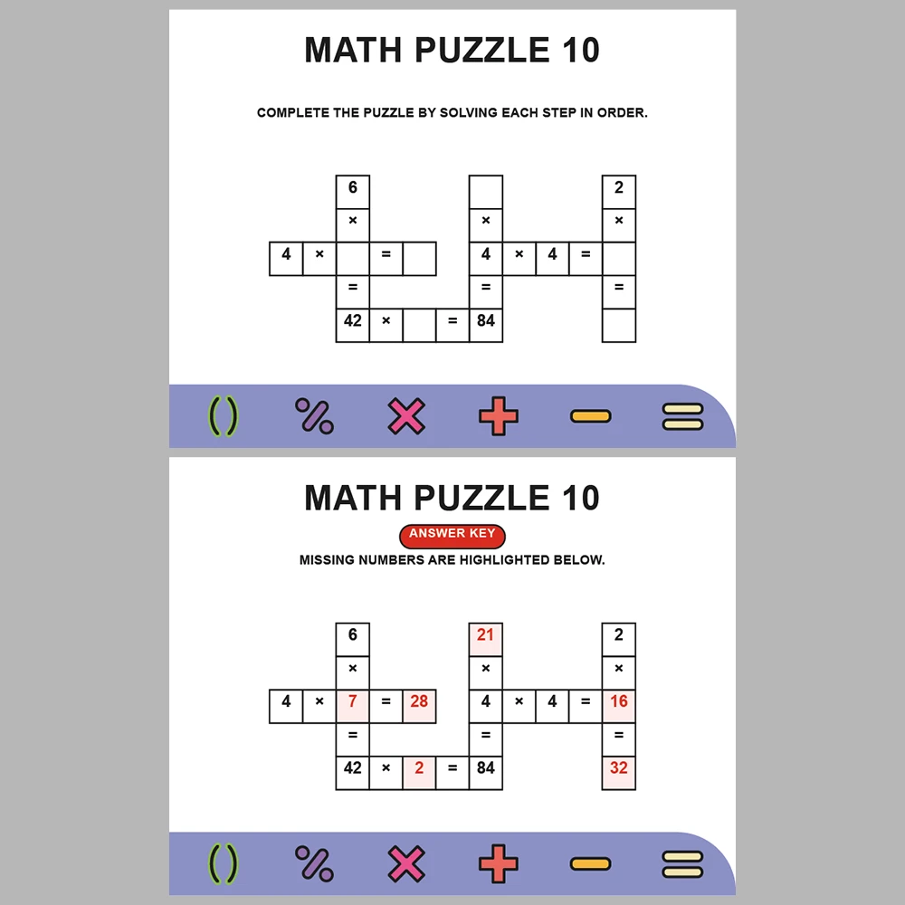 Math Puzzle Multiplication 10 Puzzle Pages + 10 Answer Key Pages (Vol. 10)