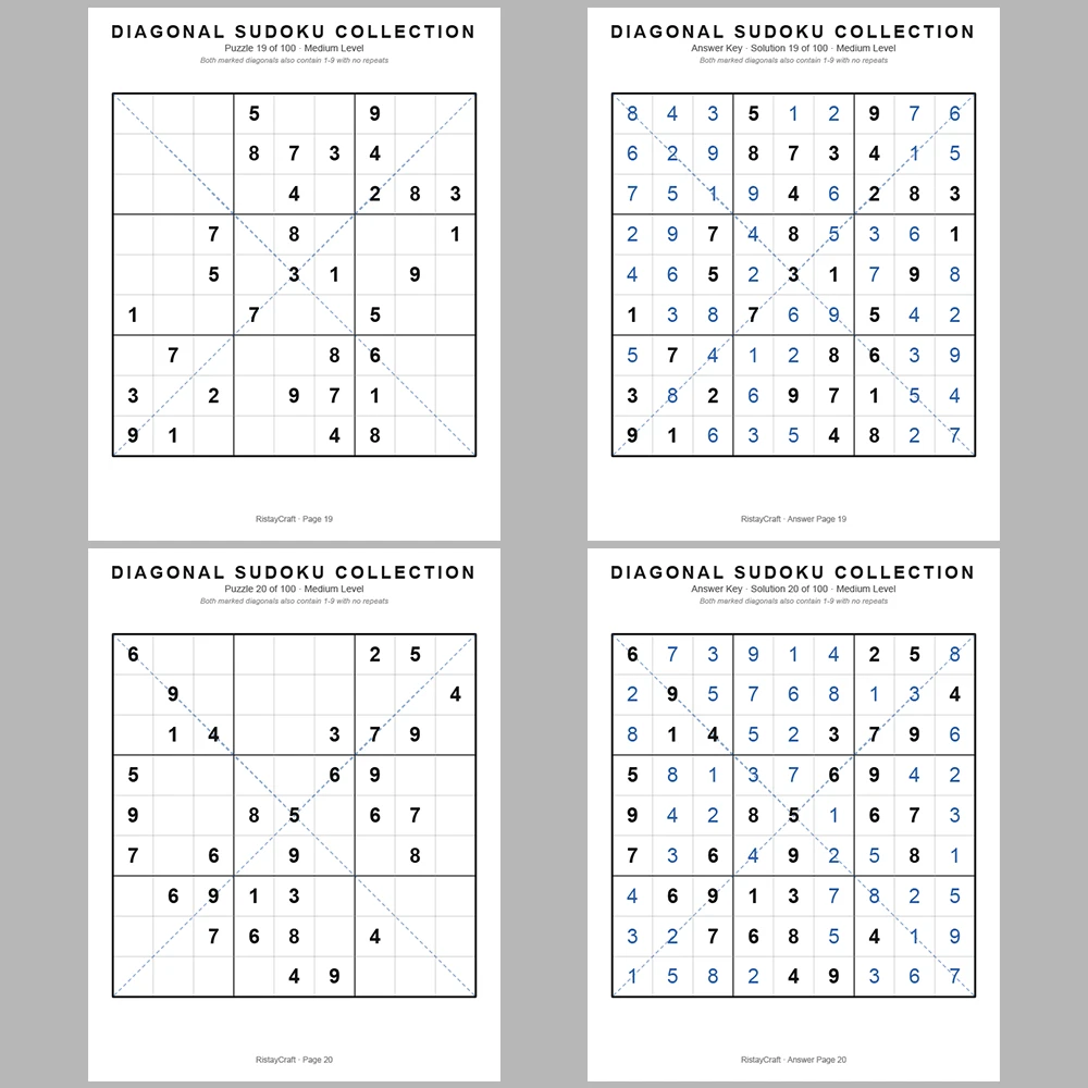 Sudoku Puzzle Diagonal Sudoku 100 Puzzle Pages + 100 Answer Key Pages