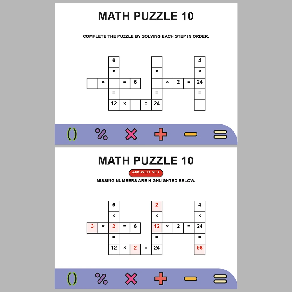 Math Puzzle Multiplication 10 Puzzle Pages + 10 Answer Key Pages (Vol. 2)