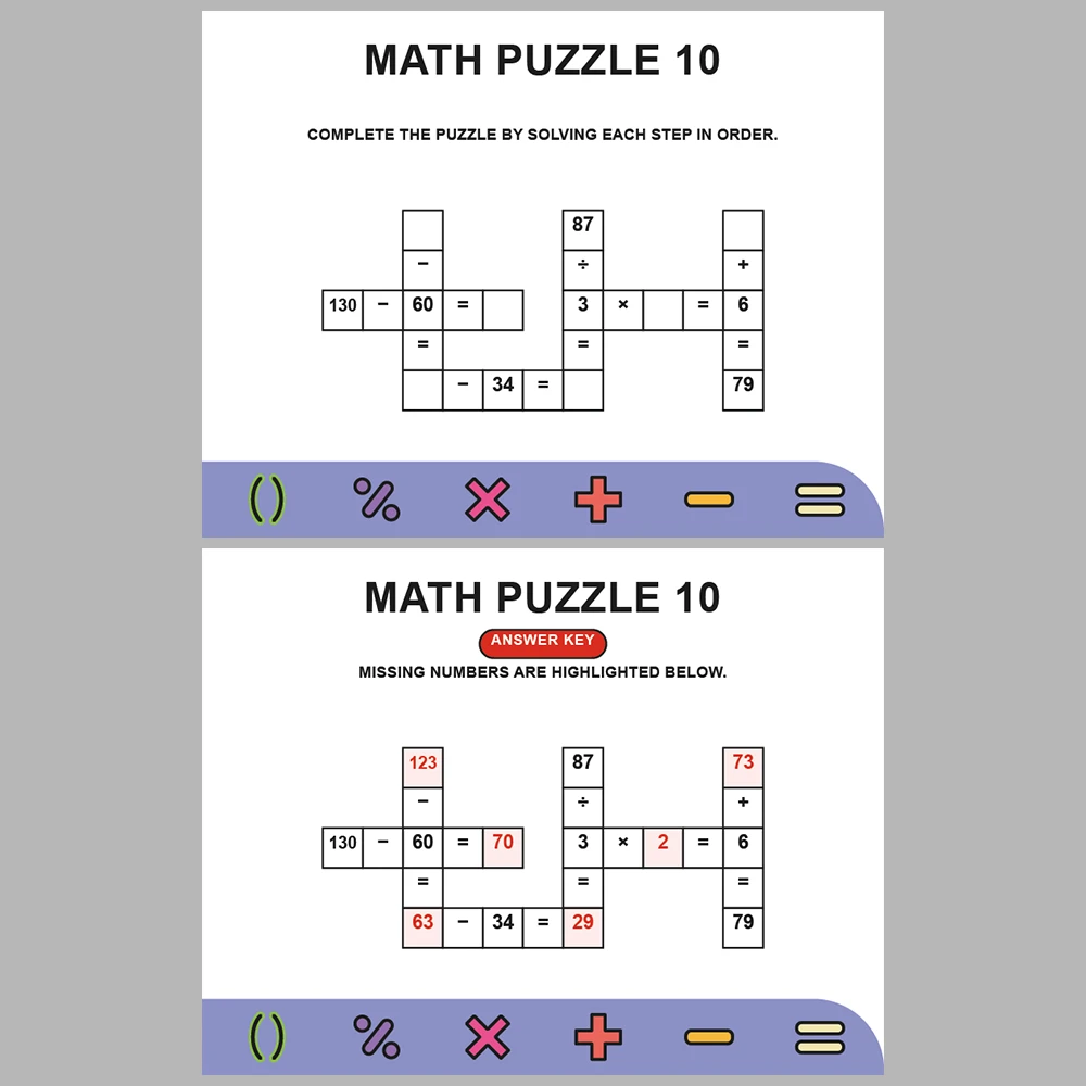 Math Puzzle Four Operations 10 Puzzle Pages + 10 Answer Key Pages (Vol. 19)