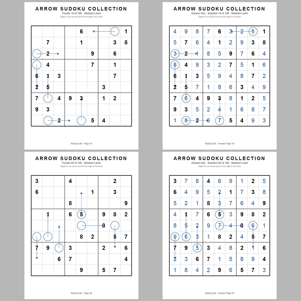 Suooku Puzzle Arrow Sudoku 100 Puzzle Pages + 100 Answer Key Pages