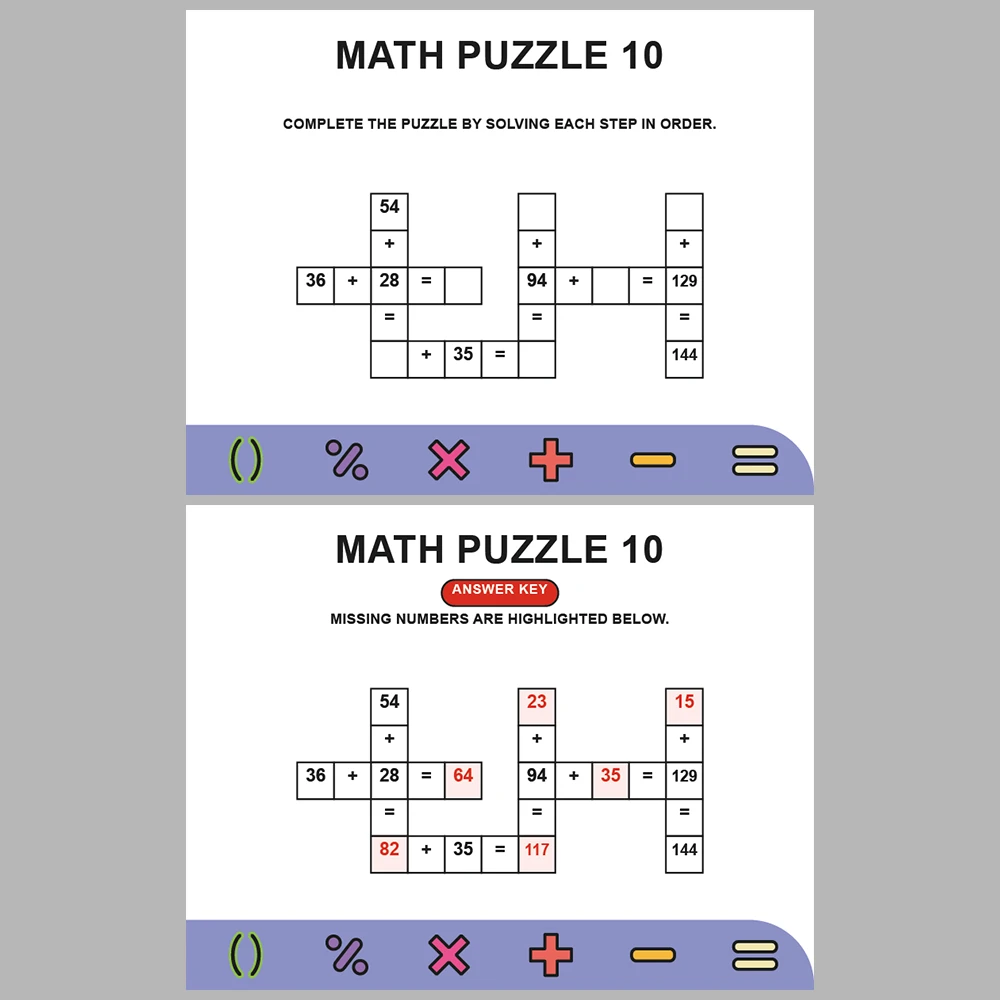 Math Puzzle Addition 10 Puzzle Pages + 10 Answer Key Pages (Vol. 5)