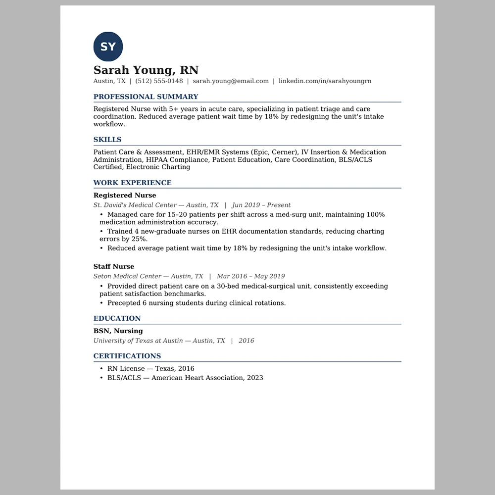Experienced Nurse (RN) Resume Template | ATS-Friendly Word & PDF Resume