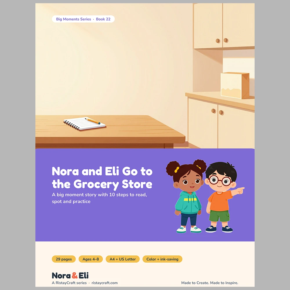 Grocery Store Social Narrative for Kids | 29-Page Printable Big Moment Story Ages 4–8 | Shopping List Cart Checkout Story Activities
