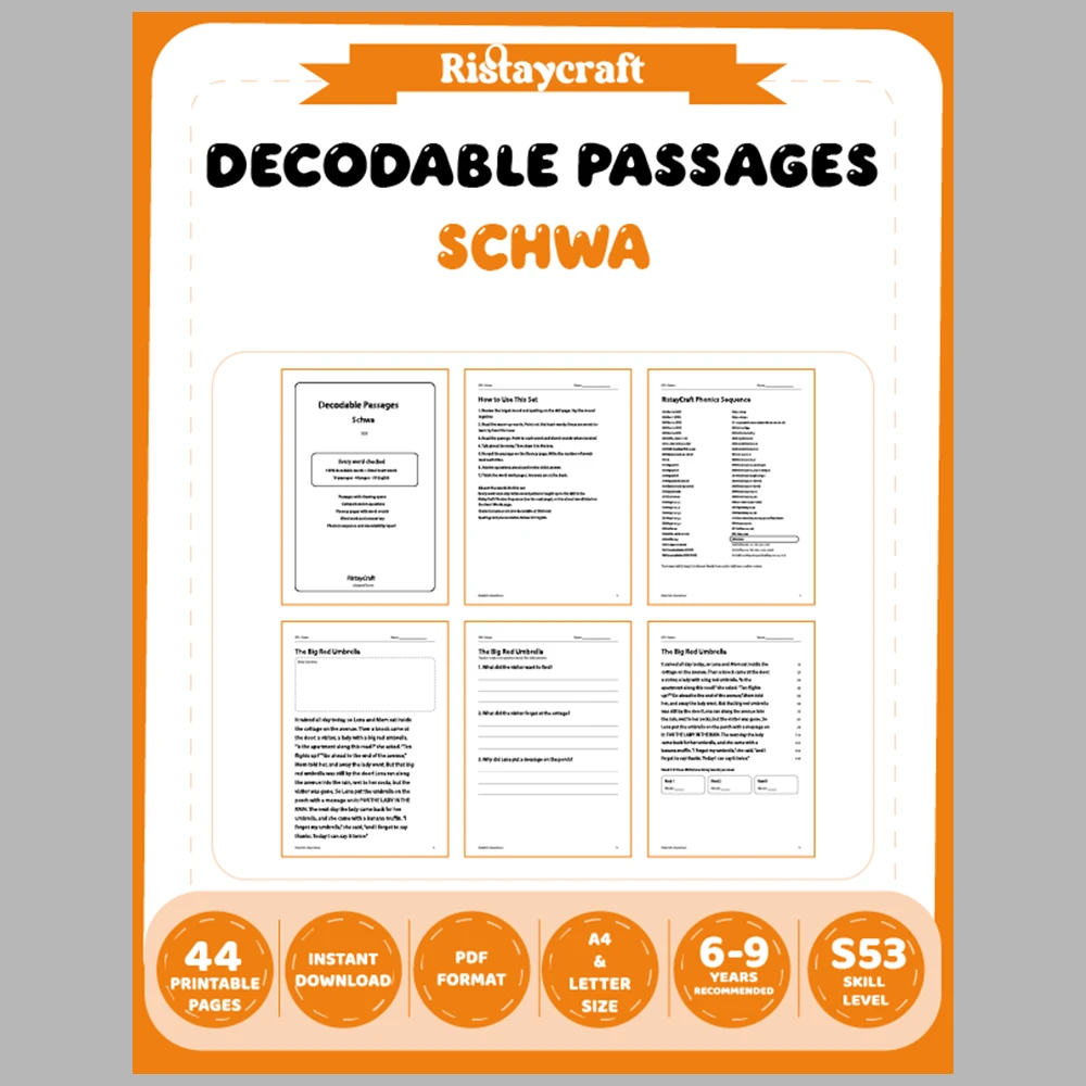 Schwa Decodable Readers | 10 Stories 44 Pages | Phonics Printable PDF | Ages 6-9