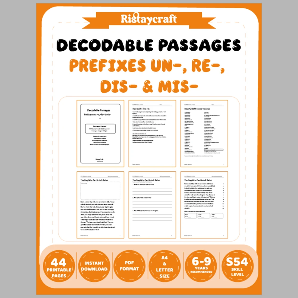 Prefixes un-, re-, dis- & mis- Decodable Readers | 10 Stories 44 Pages | Phonics Printable PDF | Ages 6-9