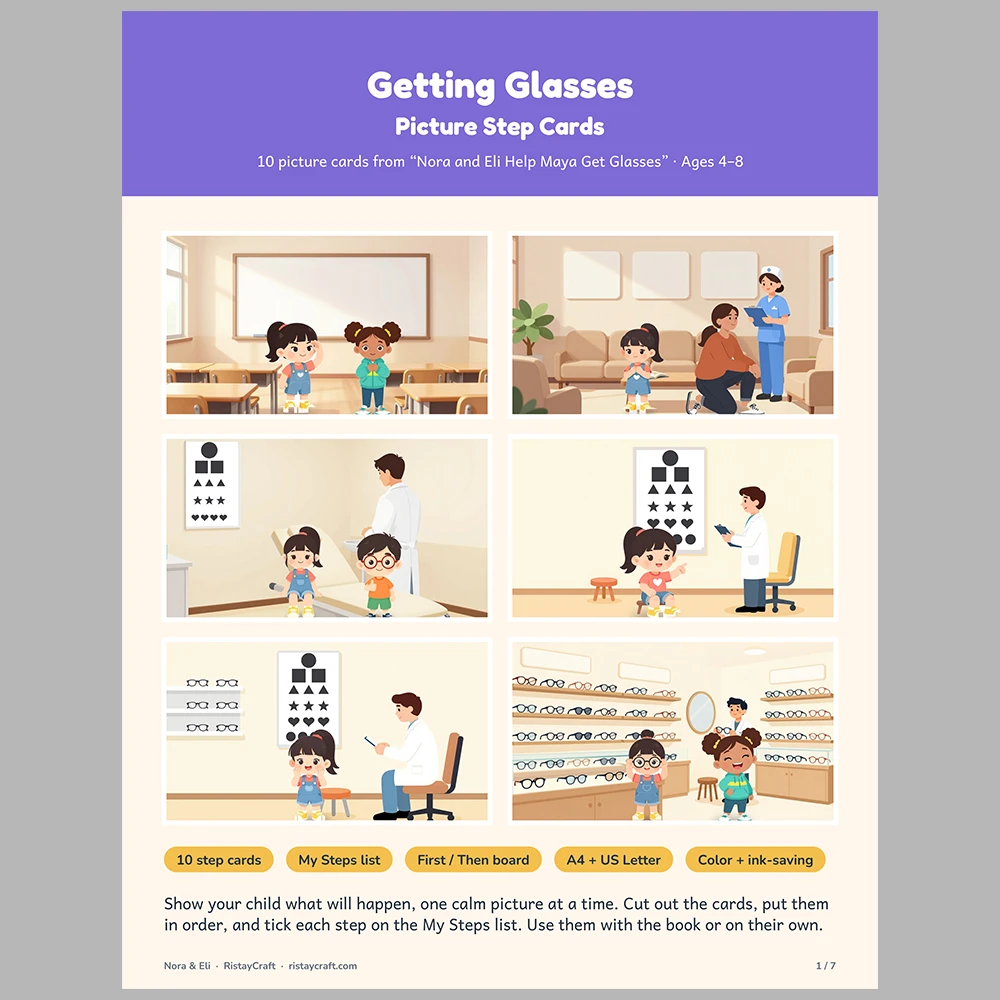 Getting Glasses Picture Step Cards | Printable Visual Sequence Cards for Kids Ages 4–8 | Social Narrative Companion