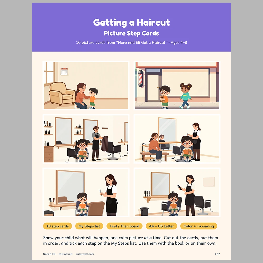 Getting a Haircut Picture Step Cards | Printable Visual Sequence Cards for Kids Ages 4–8 | Social Narrative Companion
