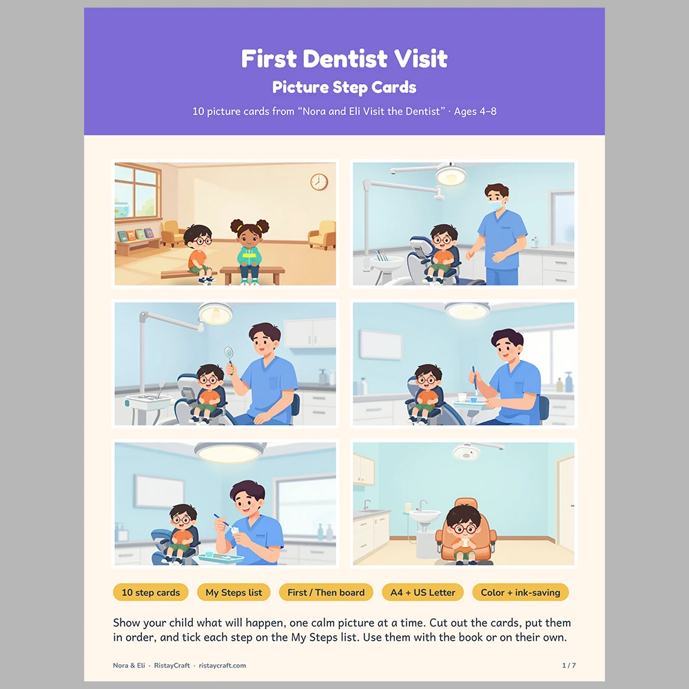 First Dentist Visit Picture Step Cards | Printable Visual Sequence Cards for Kids Ages 4–8 | Social Narrative Companion